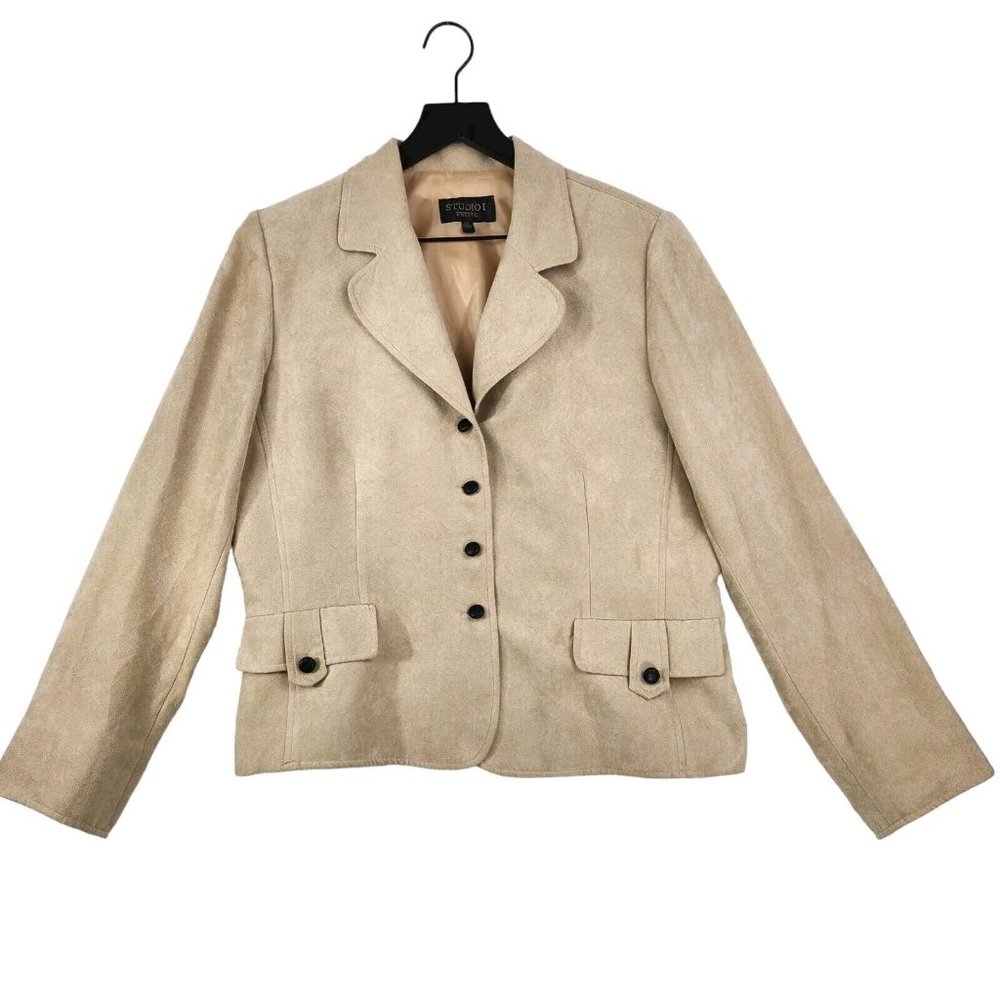 Studio I Petite Faux Suede Women's Blazer Jacket Size 14P Tan Button Up‎ Pockets